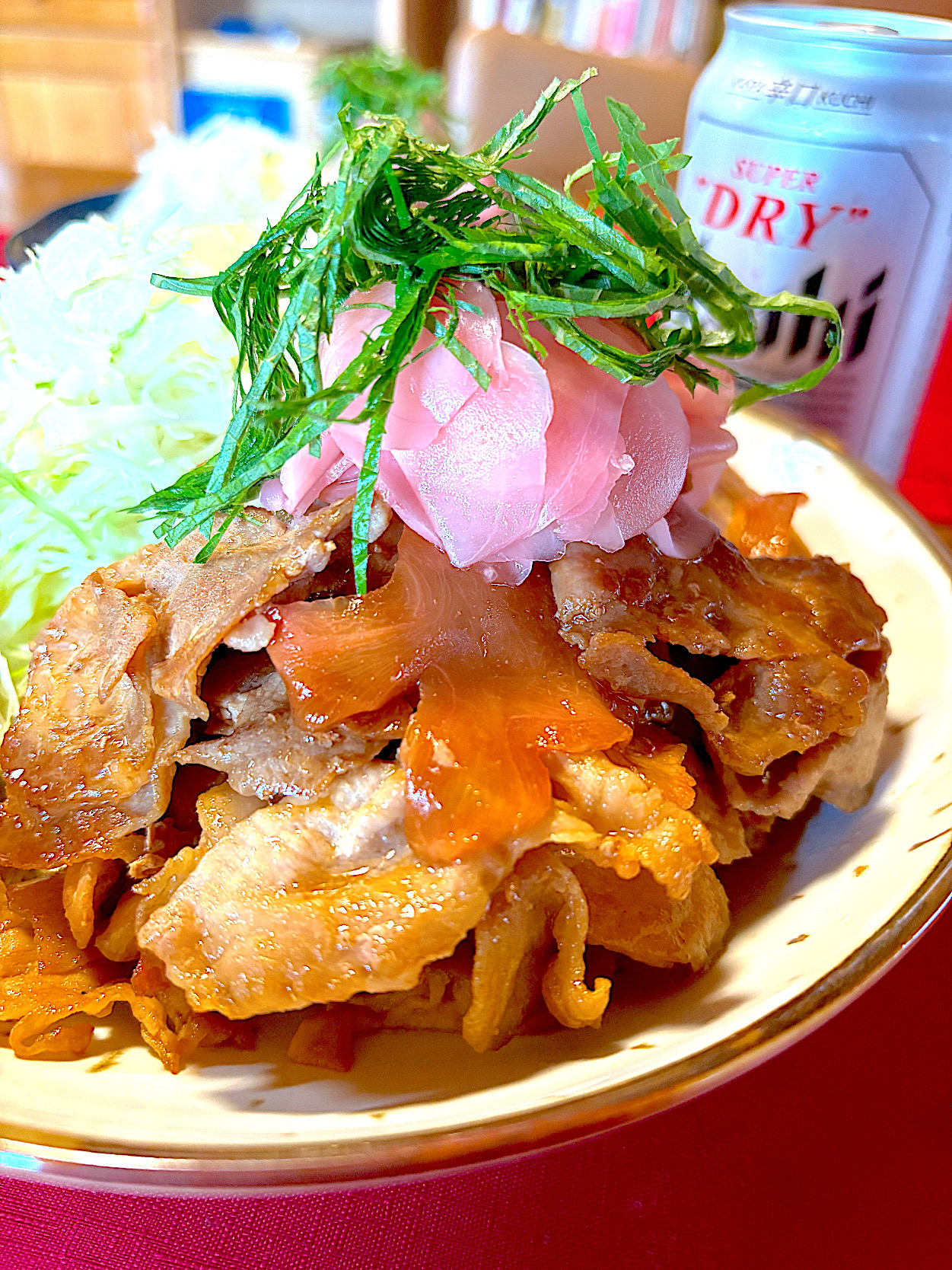 豚肉とガリ炒めとアサヒスーパードライ